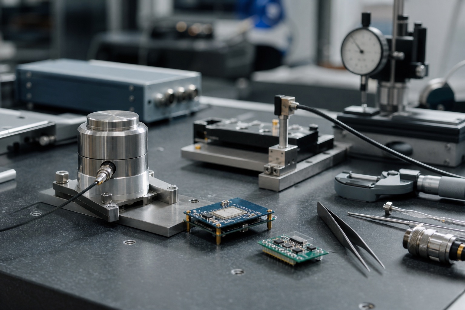 Close-up of sensors, electronics, fixtures, and measurement equipment on a laboratory bench.